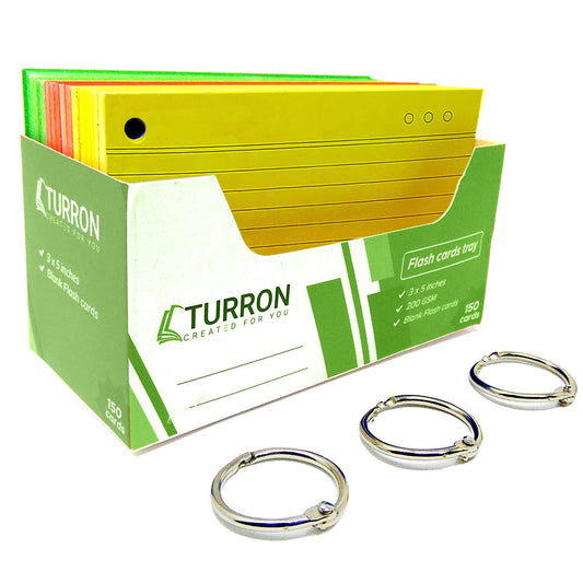 Turron Coloured Single side ruled Index Flash Cards Tray - 5 Colours - 3x5 inch - 150 Cards
